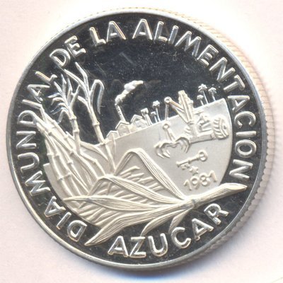 Cuba. 1981. 5 pesos. Series: World Food Day (FAO) - #1. Sugar Production. 0.999 Silver. 0.3229 Oz ASW. 12.0g. KM#78. PROOF. Mintage: 1,560. RARE Cuba. 1981. 5 pesos. Series: World Food Day (FAO) - #1. Sugar Production. 0.999 Silver. 0.3229 Oz ASW. 12.0g. KM#78. PROOF. Mintage: 1,560. RARE
