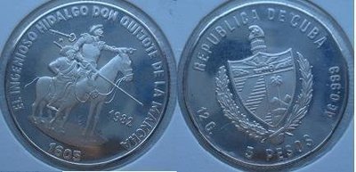 Cuba. 1982. 5 pesos. Series: Don Quijote de la Mancha - #3. Hidalgo Don Quijote and Sancho Panza. KM#101. Proof. 0.999 Silver. 0.3229 Oz ASW. 12.0g. KM#101 PROOF. Mintage: 2,000 Cuba. 1982. 5 pesos. Series: Don Quijote de la Mancha - #3. Hidalgo Don Quijote and Sancho Panza. KM#101. Proof. 0.999 Silver. 0.3229 Oz ASW. 12.0g. KM#101 PROOF. Mintage: 2,000