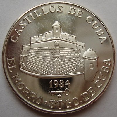 Cuba. 1984. 5 pesos. Series: Castle of Cuba - # 3. El Morro. Santiago de Cuba. 0.999 Silver. 0.3229 Oz ASW. 12.0g. KM#145. PROOF. Mintage: 1,000 Cuba. 1984. 5 pesos. Series: Castle of Cuba - # 3. El Morro. Santiago de Cuba. 0.999 Silver. 0.3229 Oz ASW. 12.0g. KM#145. PROOF. Mintage: 1,000