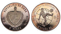 Cuba. 1981. 5 pesos. Series: 12th World Cup, Spain '82. Soccer. 0.999 Silver. 0.3229 Oz ASW. 12.0g. KM#77. PROOF. Mintage: 4,000