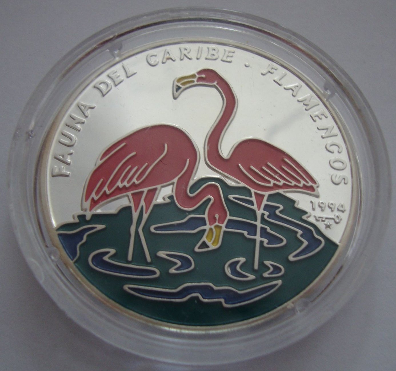 Cuba. 1994. 10 pesos. Series: Fauna of the Caribbean Sea. #06. Flamingo. 0.999 Silver. 0.6382 Oz ASW. 20.00 g. KM#442. PROOF/Colored. Mintage: 7,000