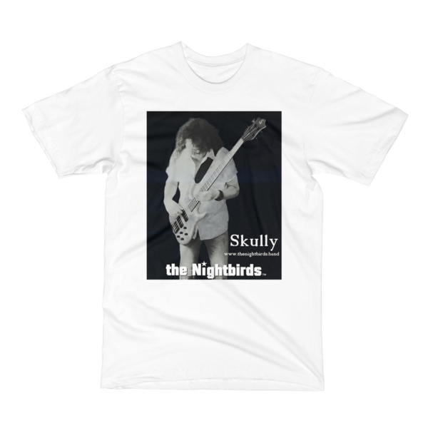 Men's Short Sleeve T-Shirt with the Nightbirds Logo Skully Playing Bass, Black or White