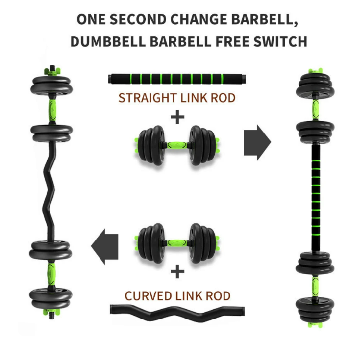 MULTIFUNCTIONAL ADJUSTABLE DUMBBELL SET, WITH OPTIONAL HANDLE FOR KETTLEBELL, CURL AND STRAIGHT BAR, ABDOMINAL WHEEL, PUSH-UPS