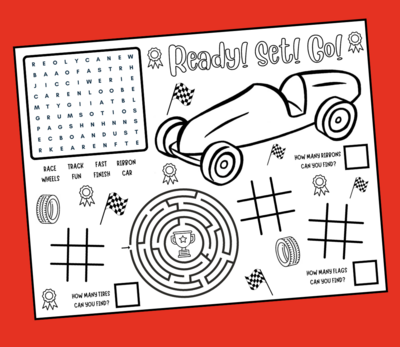 Race Car Puzzles - Coloring Activity Placemat Printable PDF
