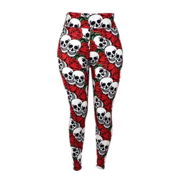Buttery Soft Smiling Skull leggings with red roses