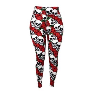 Buttery Soft Smiling Skull leggings with red roses