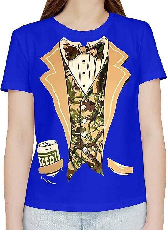 Unisex Camo Tuxedo Shirt with Bowtie and Beer Can Funny T Shirt for Men Women