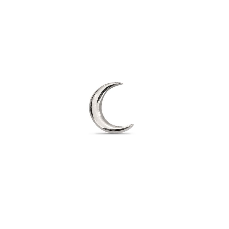 Close-up image of a 14k white gold 3D crescent moon end. The piece has a smooth, polished surface, creating a dimensional look that reflects light. It is designed as a threadless end for piercings.