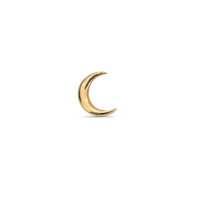 Close-up image of a 14k yellow gold 3D crescent moon end. The piece has a smooth, polished surface, creating a dimensional look that reflects light. It is designed as a threadless end for piercings.