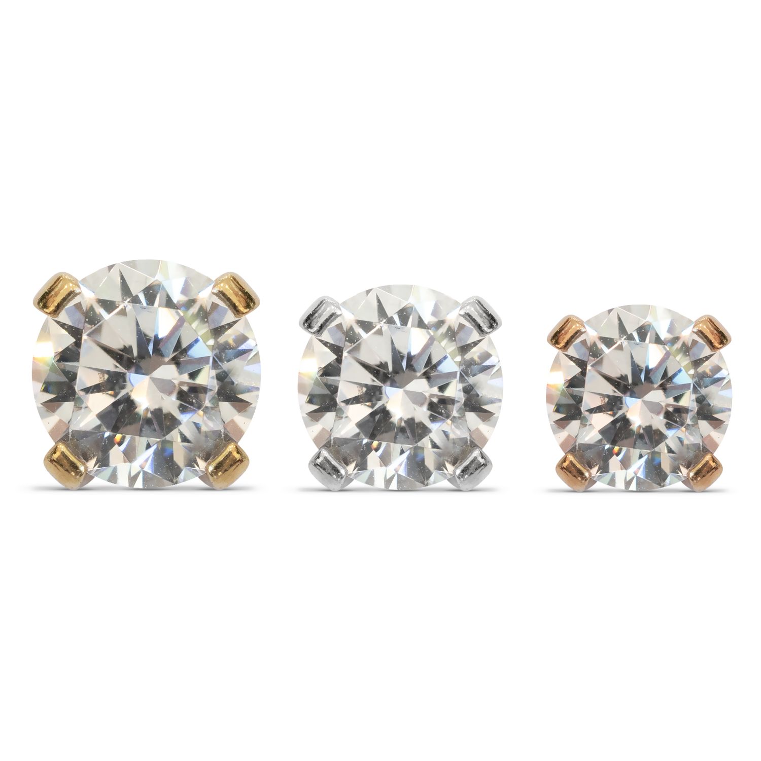 Close-up image of three round-cut gemstones in prong settings, displayed side by side. The prongs are in different metal colors: the left stone has yellow gold prongs, the center stone has white gold prongs, and the right stone has rose gold prongs.