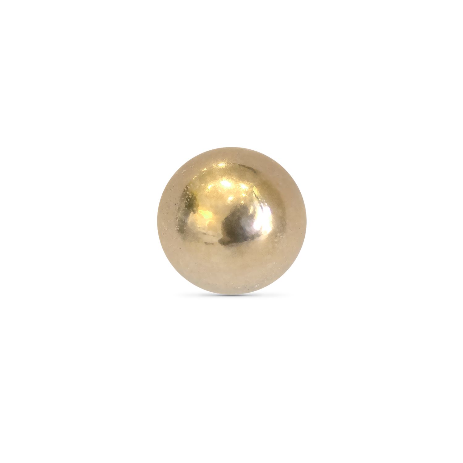 A 14k yellow gold ball, threadless design, with a smooth, reflective surface. 