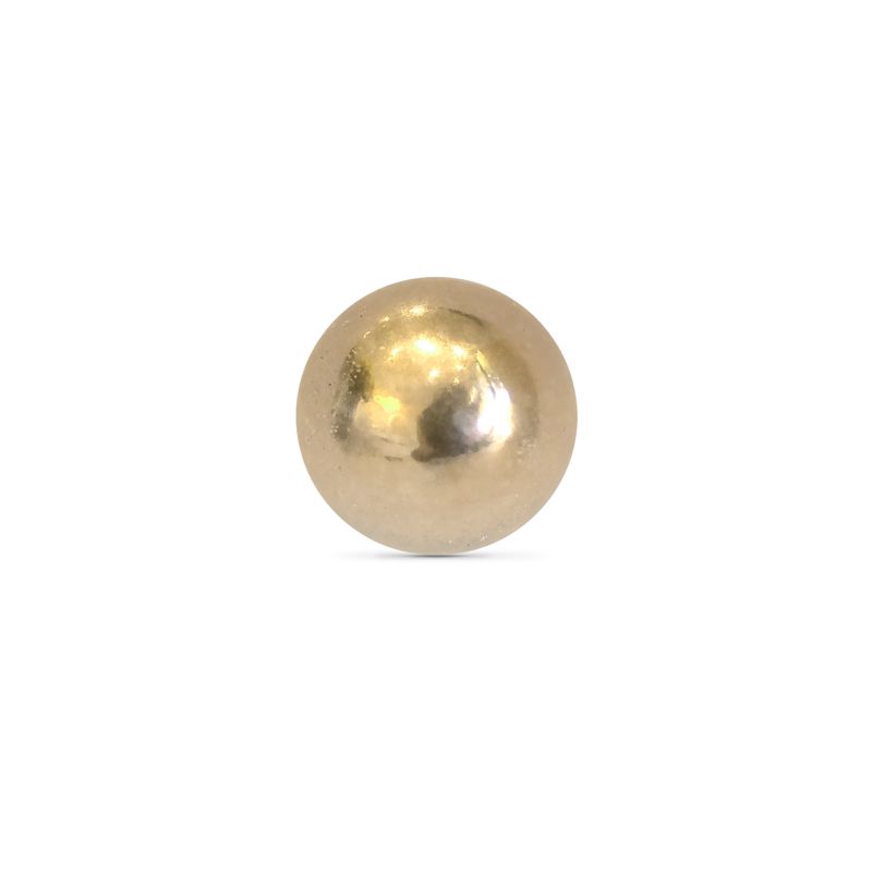 A 14k yellow gold ball, threadless design, with a smooth, reflective surface. 