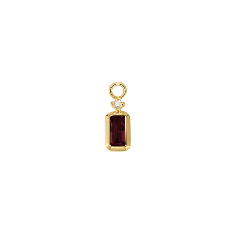 Charm by Modern Mood in 14k yellow gold featuring an emerald cut red garnet gemstone with a small diamond accent above it.