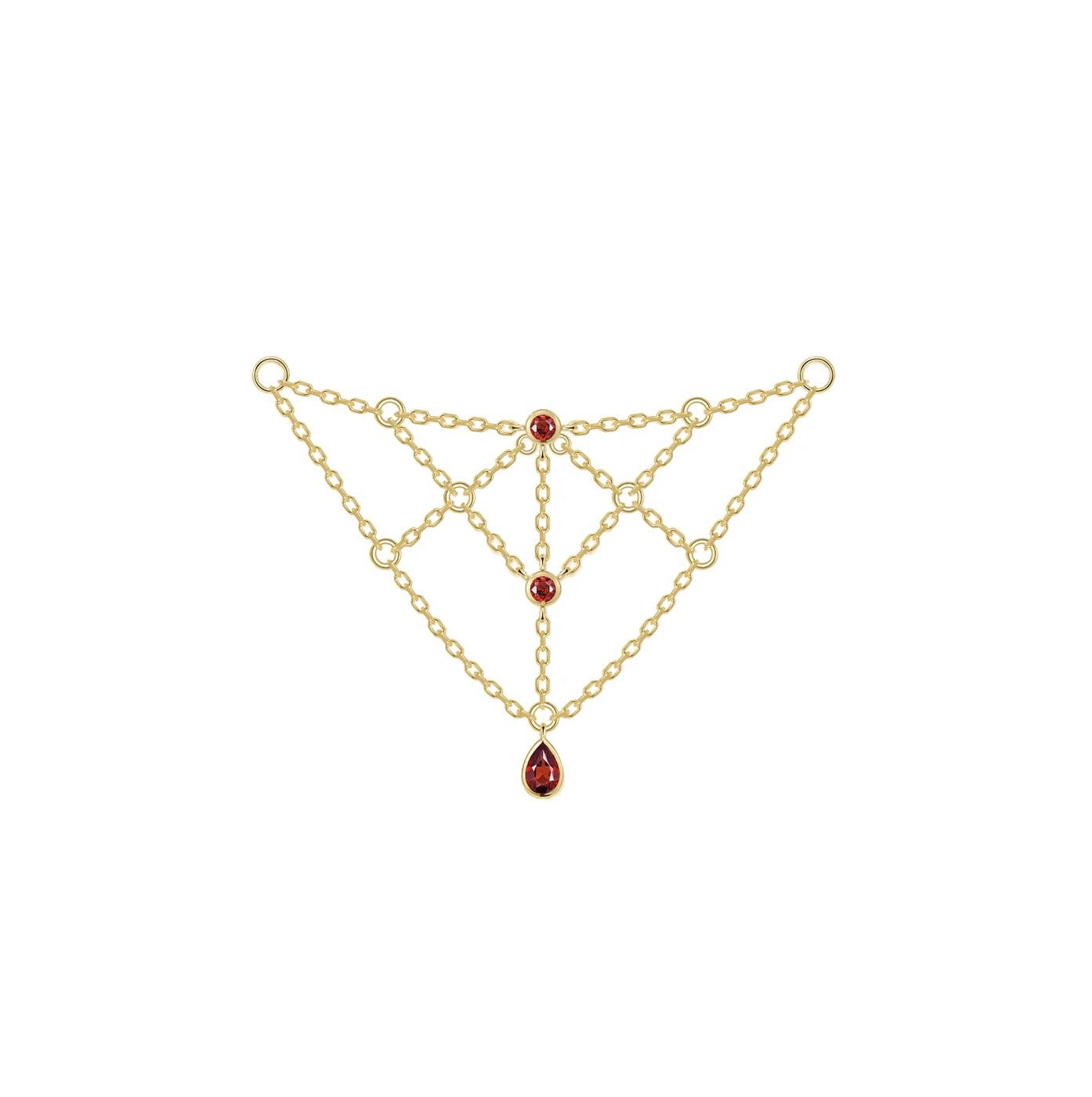 An intricate gold chain in the shape of a web with cascading garnet gemstones by Modern Mood