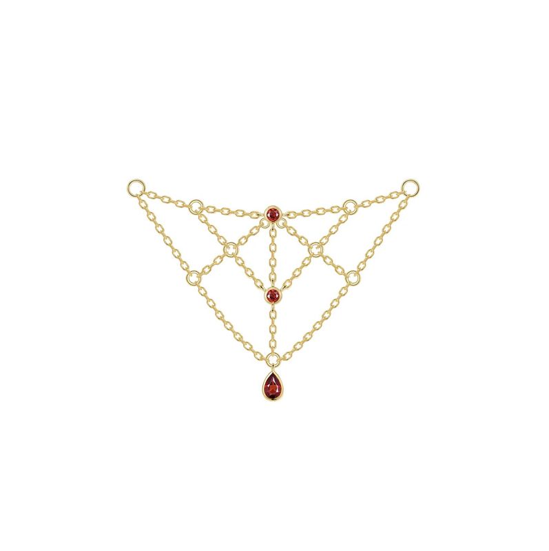 An intricate gold chain in the shape of a web with cascading garnet gemstones by Modern Mood