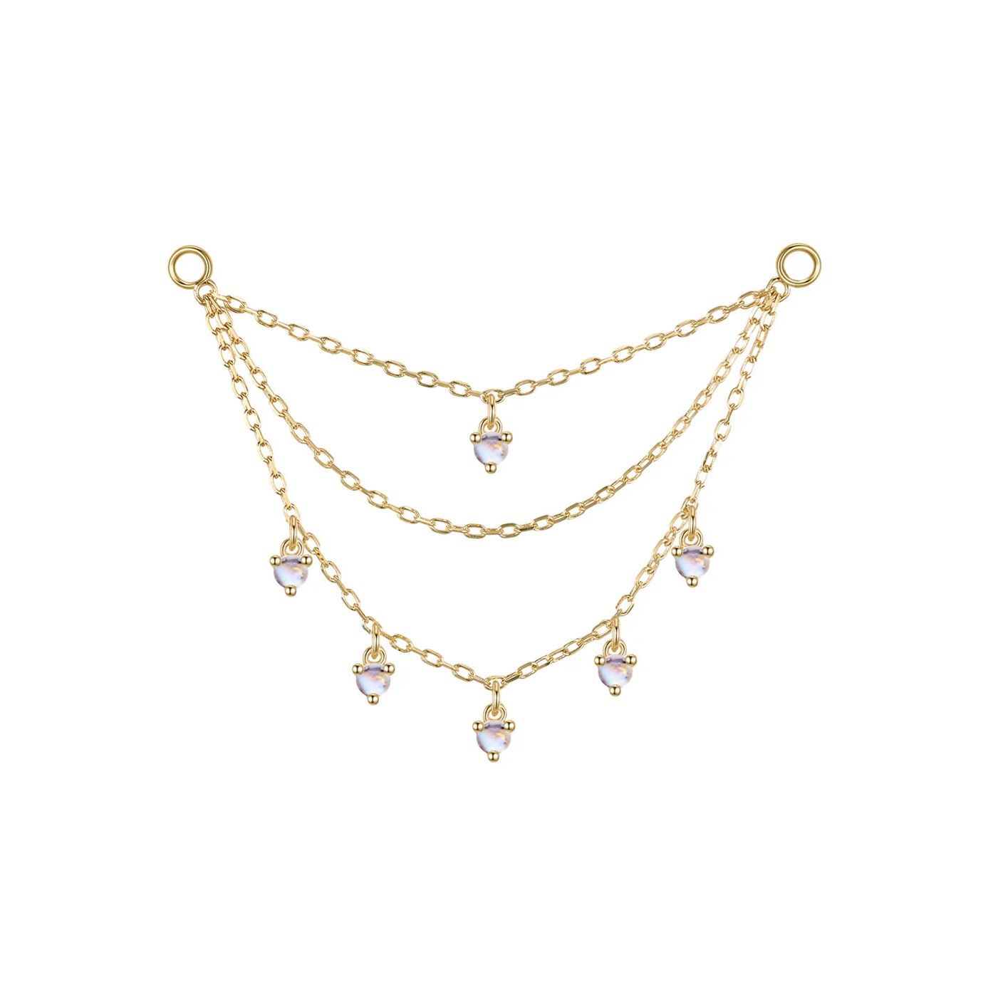 Triple Chain with Dripping Gemstones, Gold: 14k Yellow, Stone: Moonstone