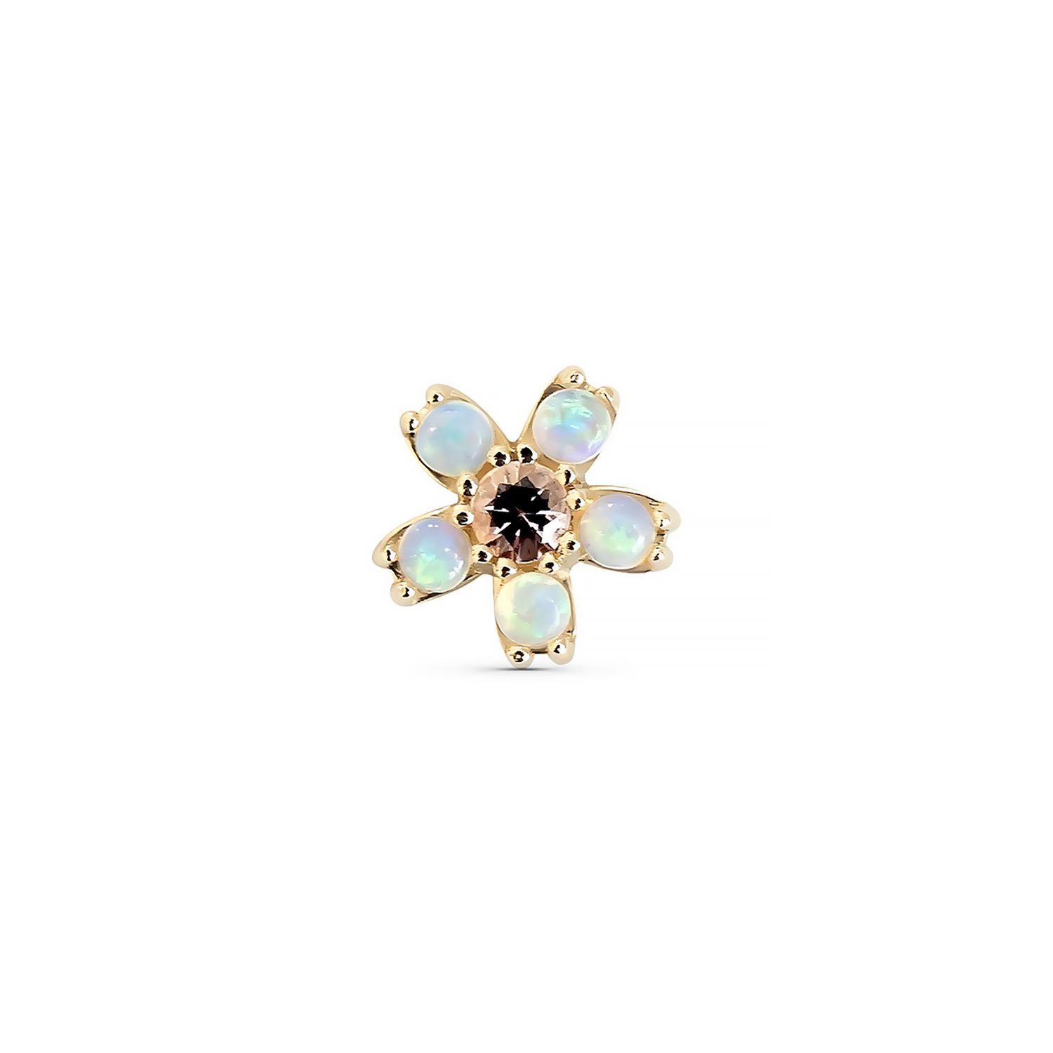 Cherry Blossom, Type: Threadless, Gold: 14k Yellow, Stone: AA Light Amethyst Center with AAA White Opal Petal