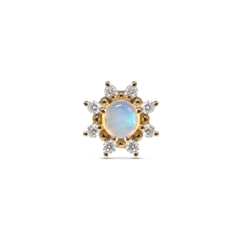 The Mini Athena is a threadless end with an opal center, surrounded by beads and diamonds.