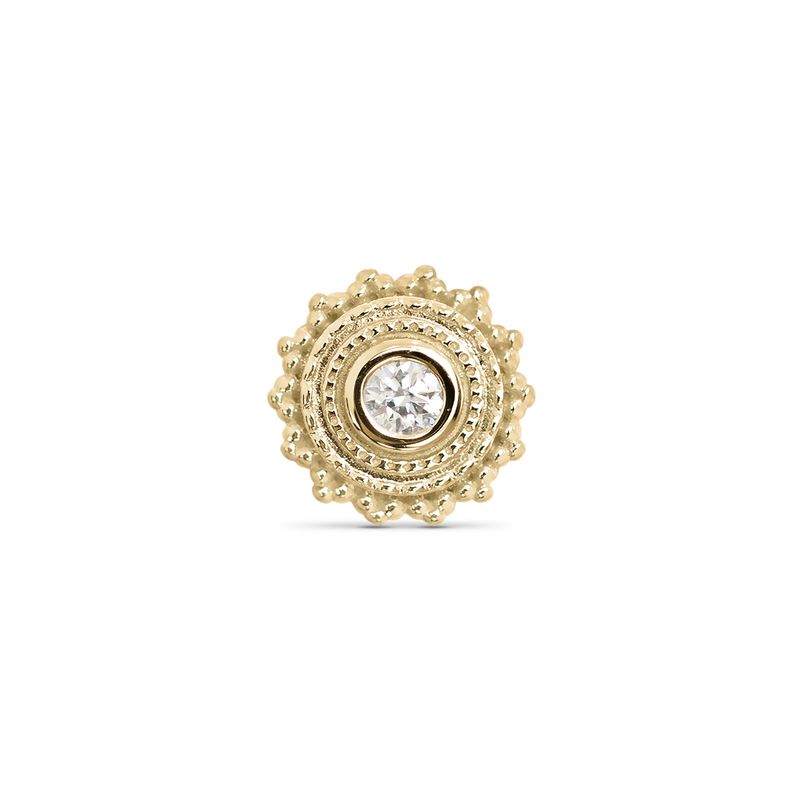 BVLA’s Afghan end in 14k yellow gold, featuring a 4mm threadless design with a bezel-set VS1 diamond and ornate detailing.
