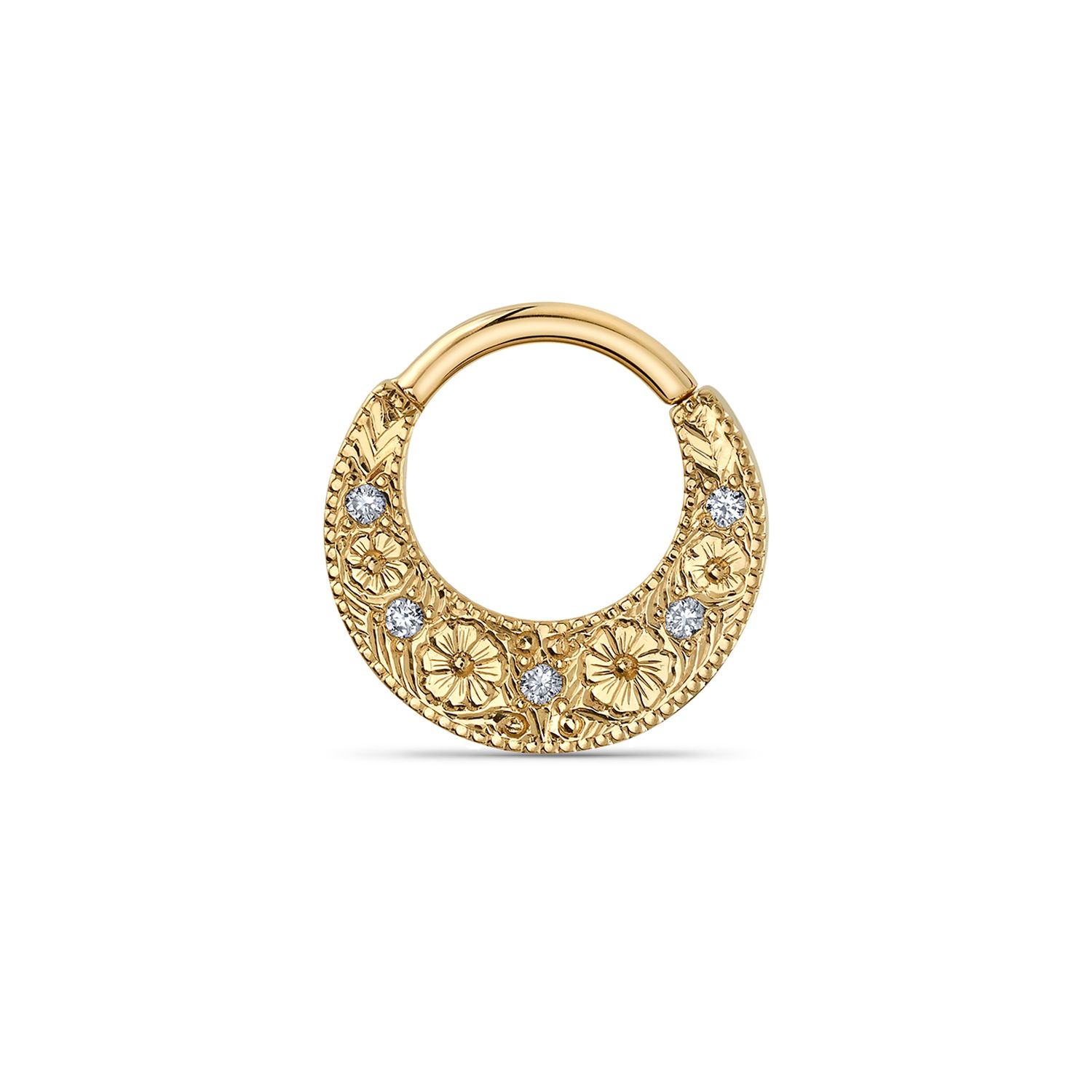 BVLA’s Primrose clicker in 14k yellow gold, featuring hand-engraved floral detailing and VS diamonds, shown in a 16g 11/32&quot; size.