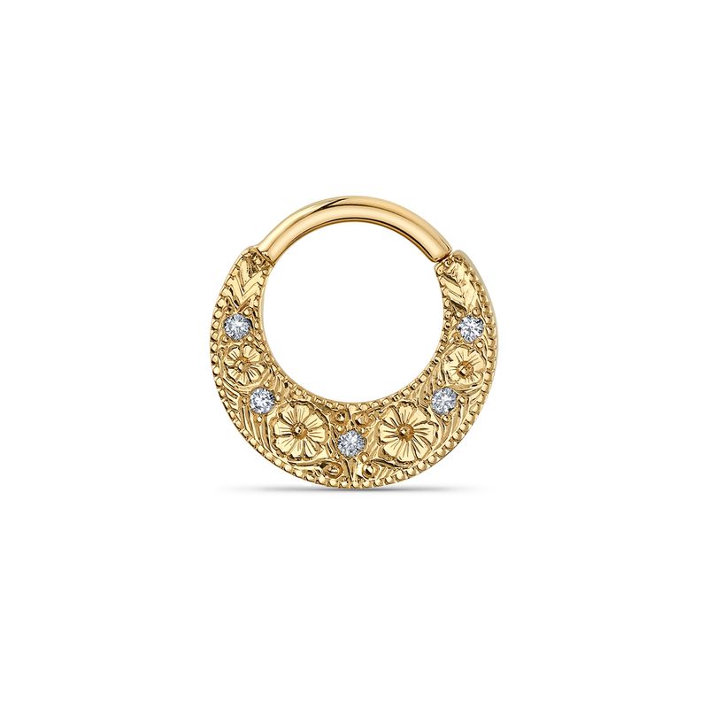 BVLA’s Primrose clicker in 14k yellow gold, featuring hand-engraved floral detailing and VS diamonds, shown in a 16g 11/32&quot; size.