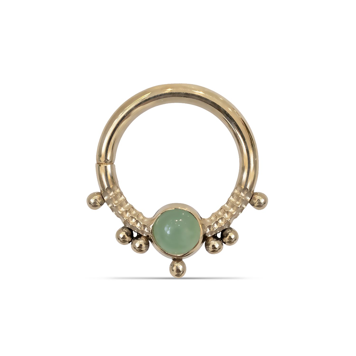 Hammered Seam Ring With Beading &amp; Chrysoprase, Gauge &amp; Diameter: 16g  5/16”, Gold: 14k Yellow, Stone: Chrysoprase