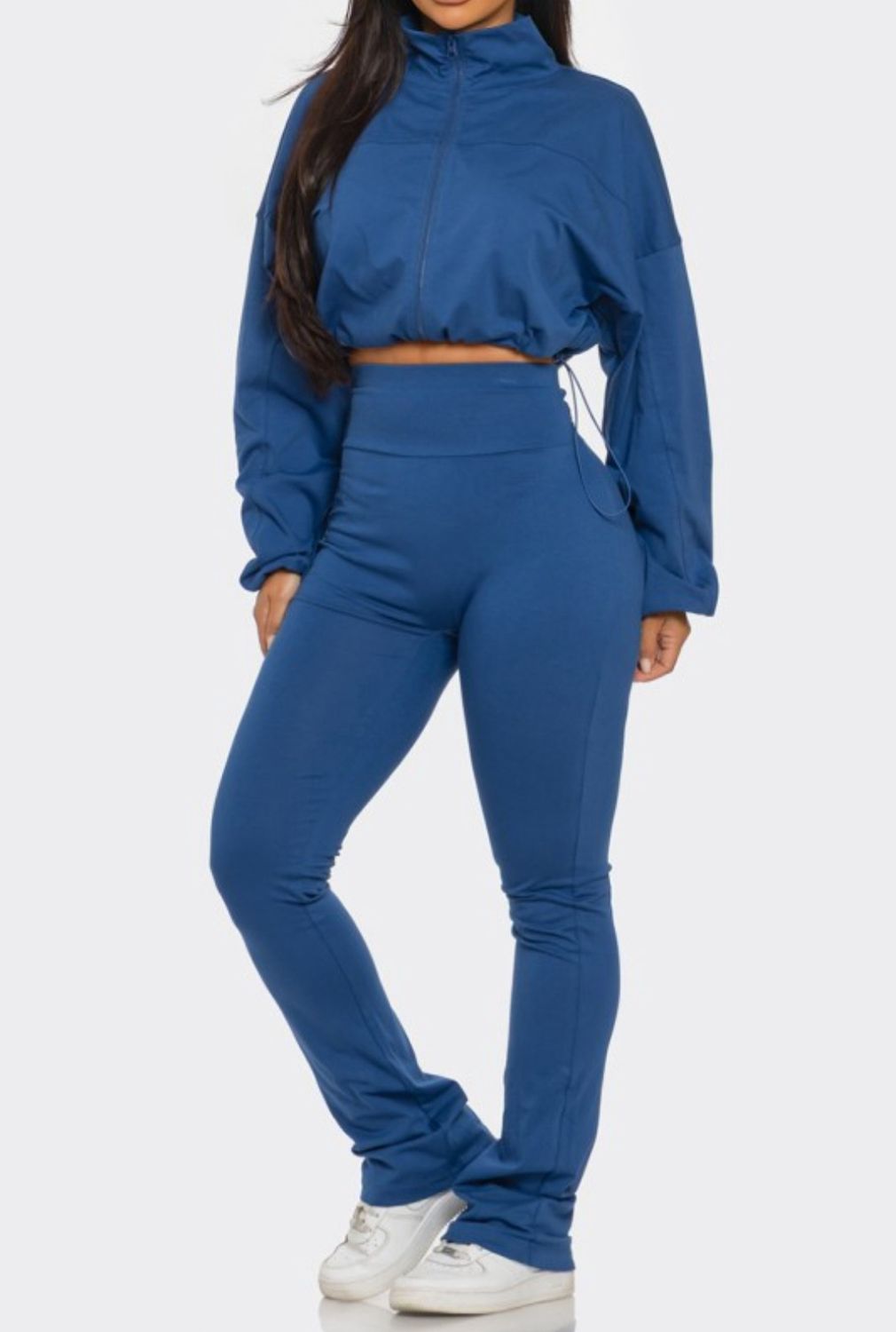 Drawstring Crop  Top Set, Size: Small, color: Navy blue