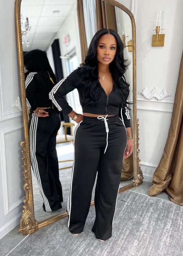 Stripped Cropped  Tracksuit, Colour: Black, Size: Small