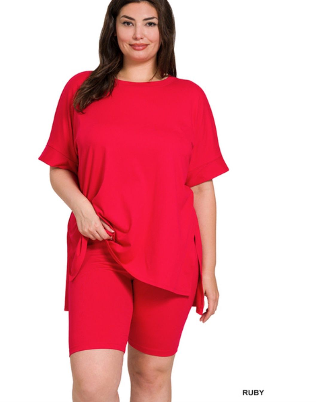 Basic Neck Everyday Chill Sets Plus, Colour: Red Round Neck, Size: 1x