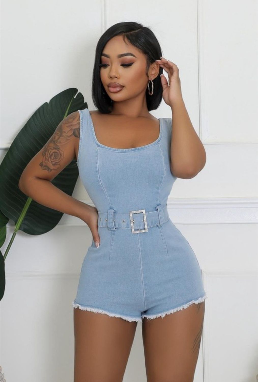 Denim Belted Romper, Size: Small