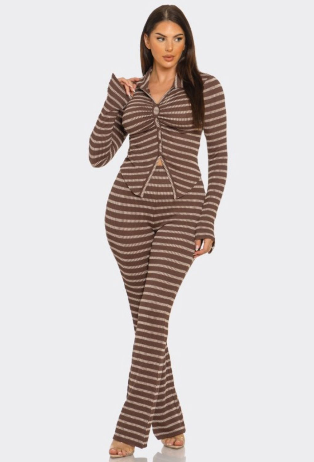 Stripe Pleated Button-down Set, Colour: Brown-white, Size: Small