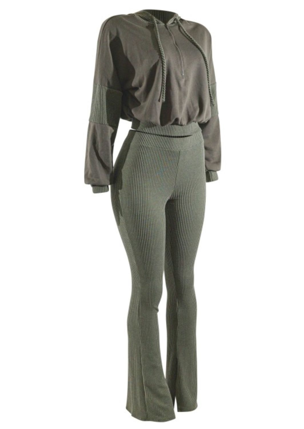 Color Block Hoodie &amp; Flare Pants Set, Size: Small, color: Olive Combo