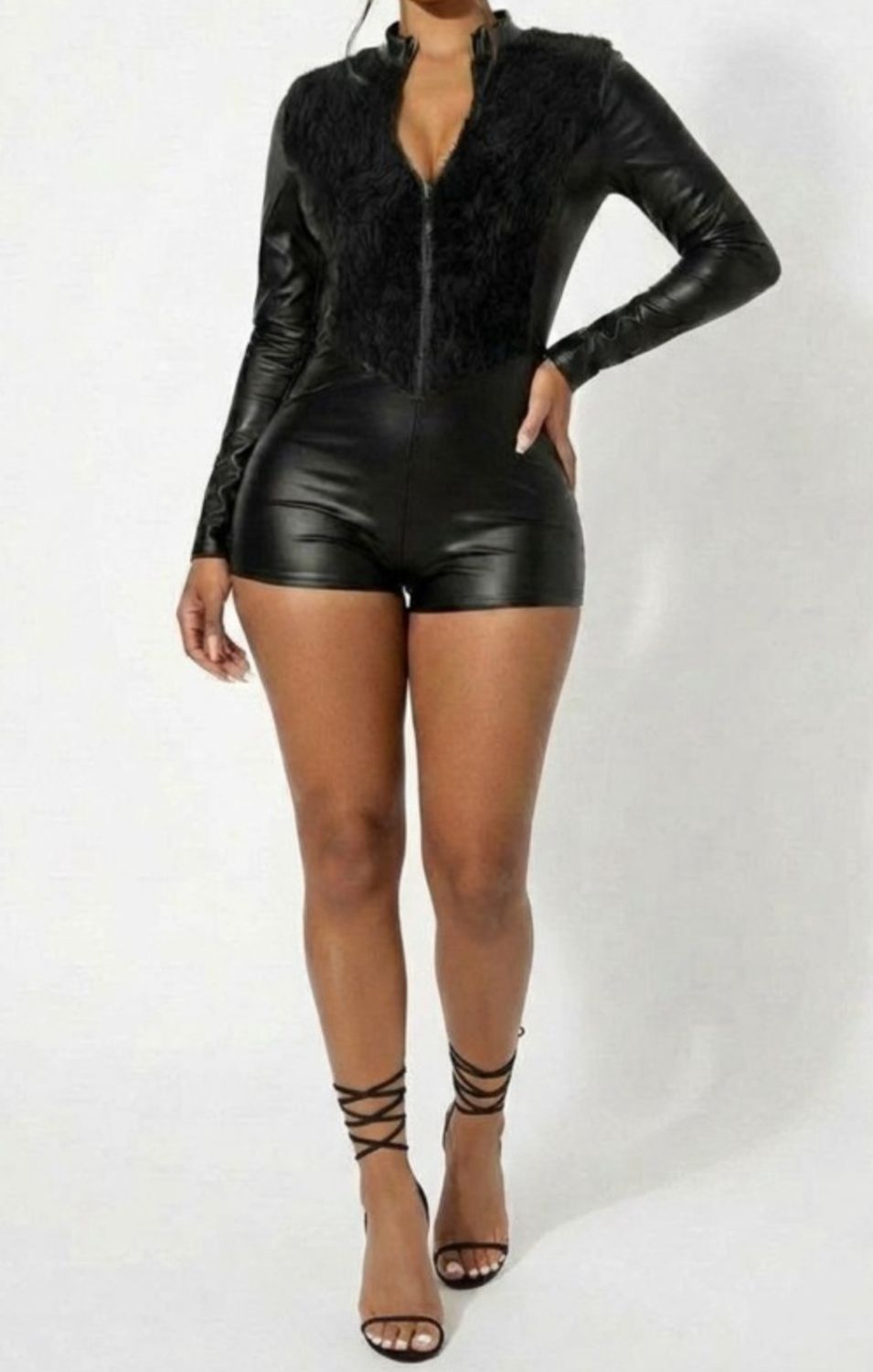 Midnight Faux Leather Romper, Size: Small