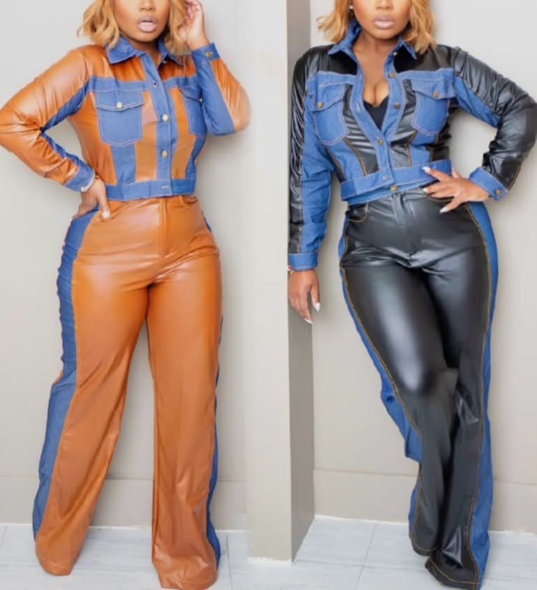 Denim &amp; Faux Leather Set, Size: Small, color: Black Denin