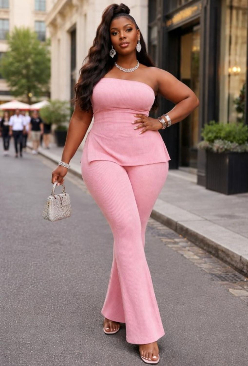 Pretty Vibes Spring Ribbed Set (Plus), Size: 1x, color: Blush pink
