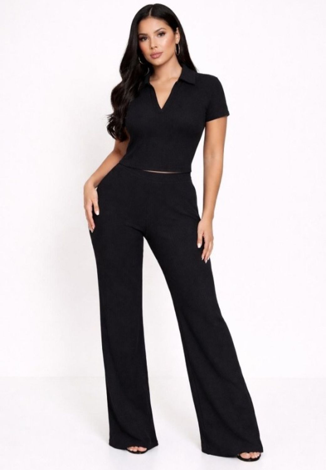 Ribbed Collar Pants Set, Size: Small