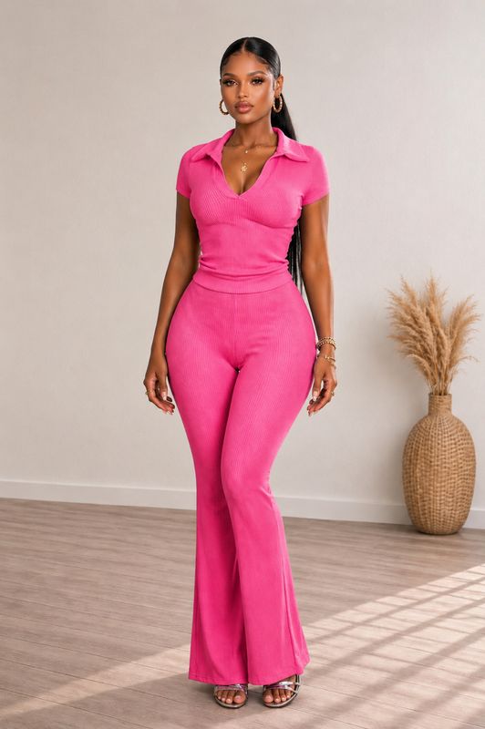 Ribbed Collar Pants Set