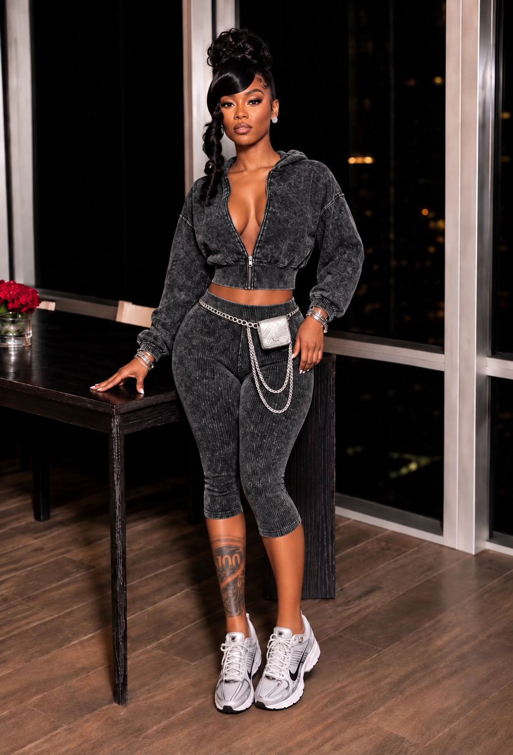 Fall Acid-washed Capri Set, Size: Small, color: Black