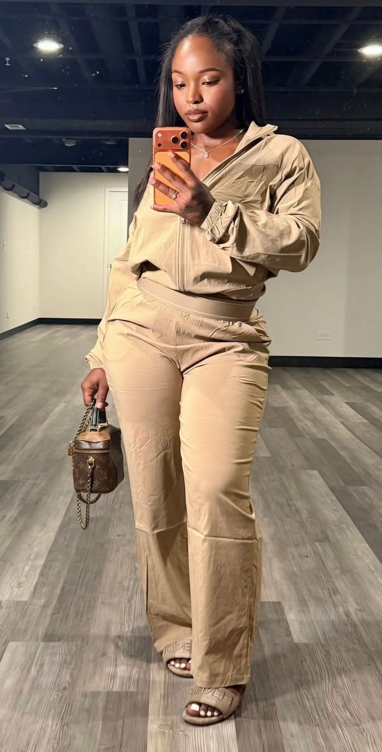 Fall Relaxed Fit Bomber Jacket and Wide-leg Pants, Size: Small, color: Taupe