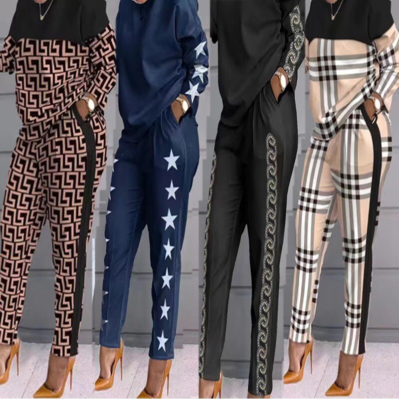 Cross-border European And American Fashion Women&#39;s Clothing Contrast Color Plaid Stitching Casual Long Sleeve Two-piece Suit