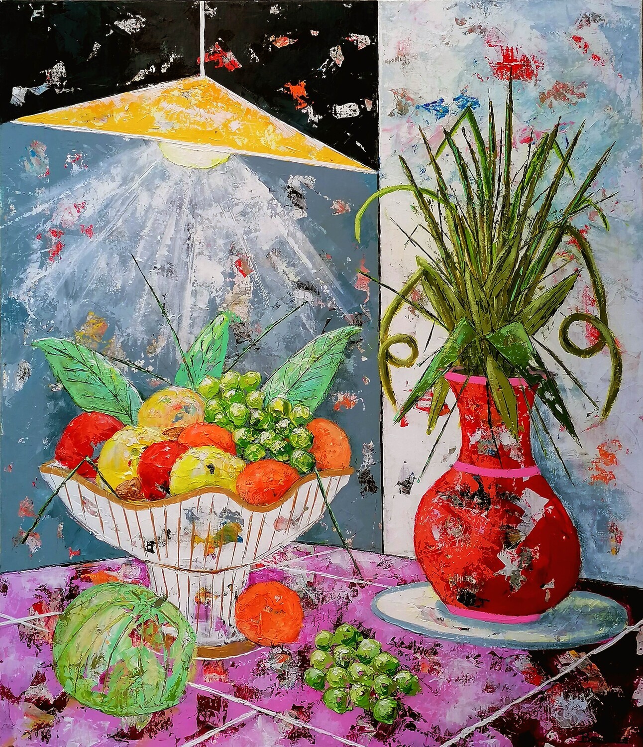 Corbeille de fruits et vase de fleurs.
92X73 (2023) Acrylique sur toile.