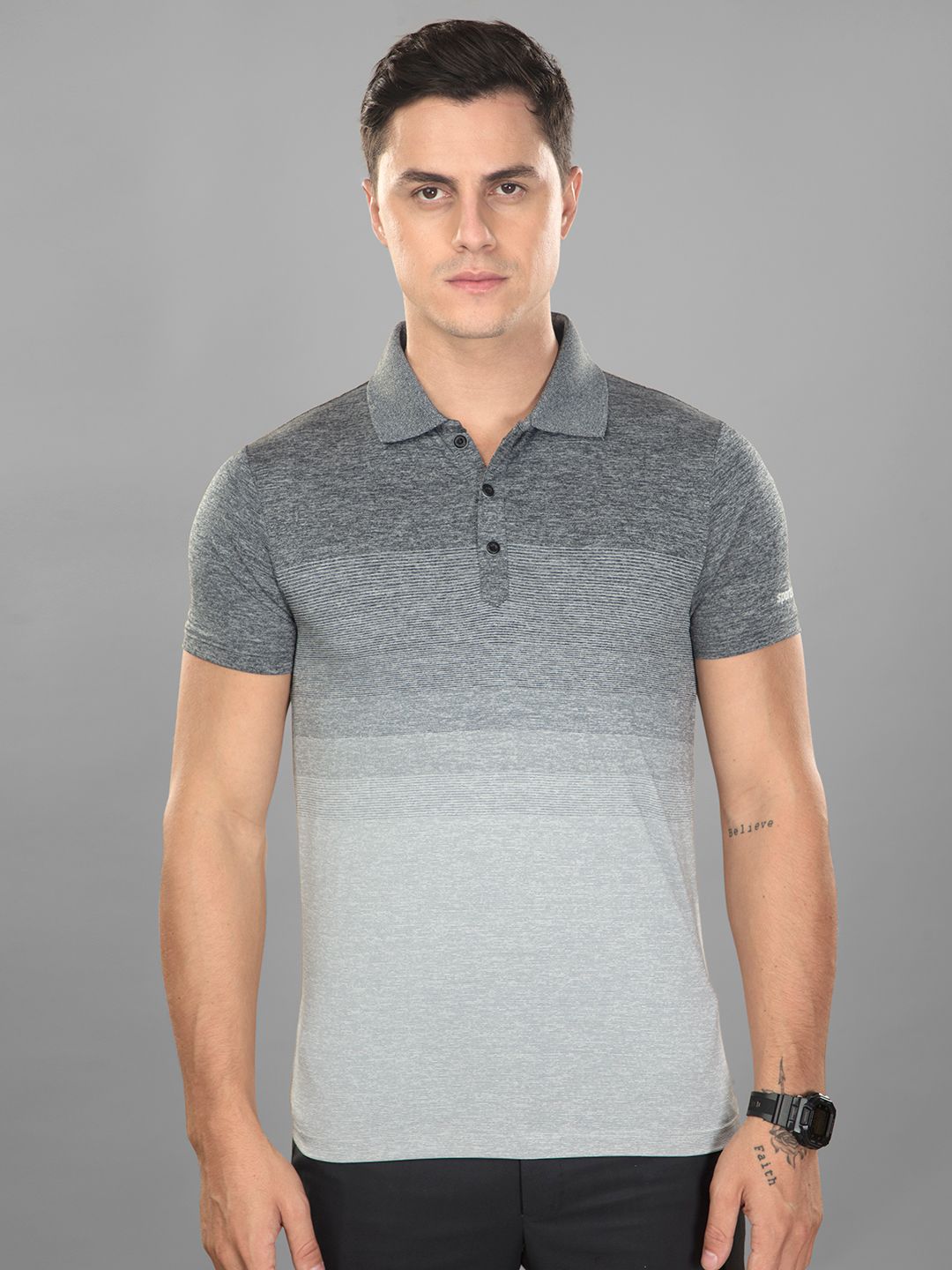 Sportsun Striped Polo Grey Milange T Shirt