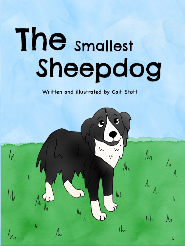 The Smallest Sheepdog Book front cover shows a black and white border collie dog with blue skies and vibrent green grass.