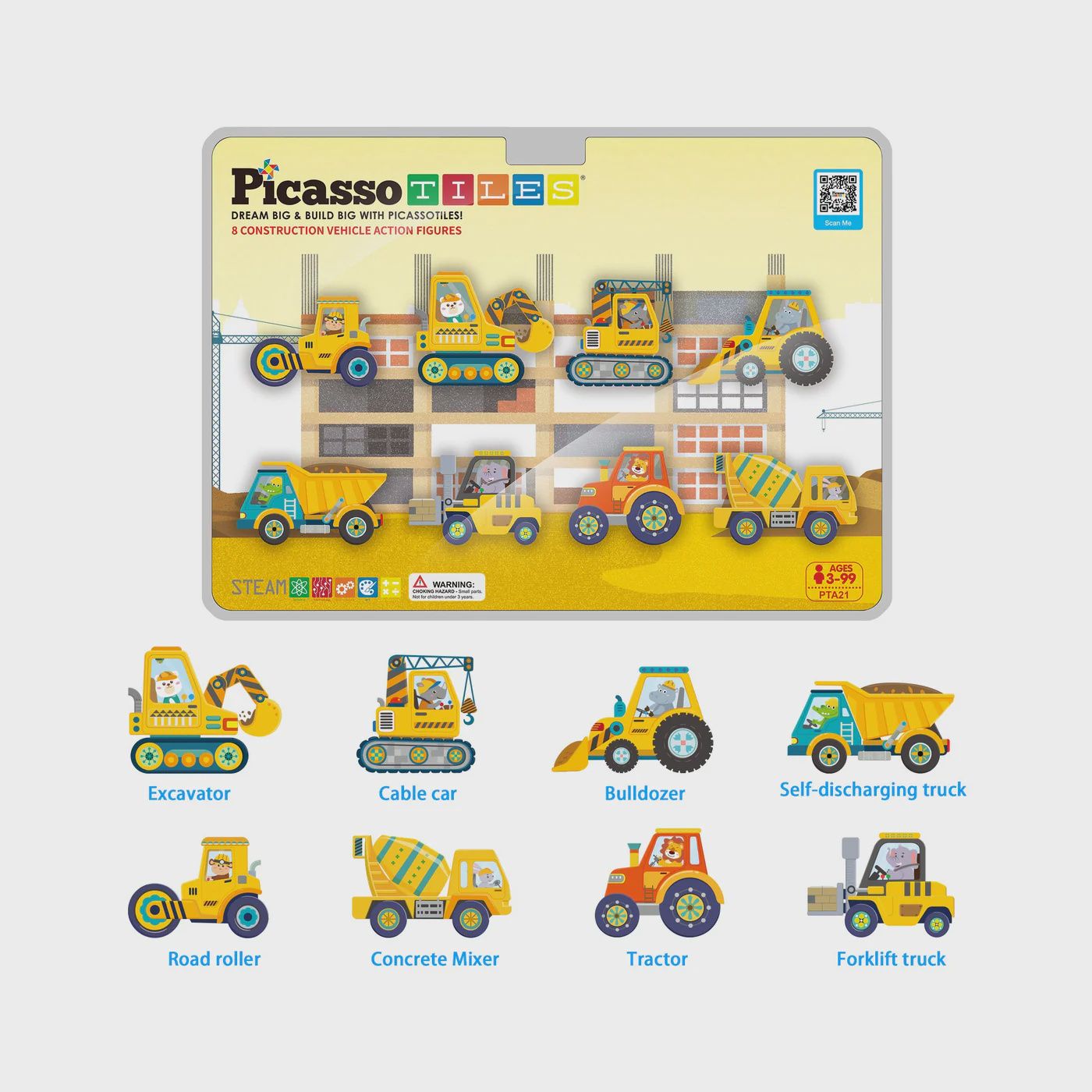 8pc Magnet Building Tile Block Construction Vehicle Zoo Animal Theme