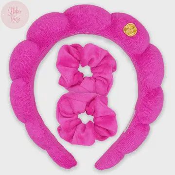 Puffy Terry Cloth Padded Spa Headband with Scrunchies- Hot Pink