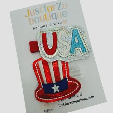 Patriotic Red, While Blue Hair Clip- USA and Hat
