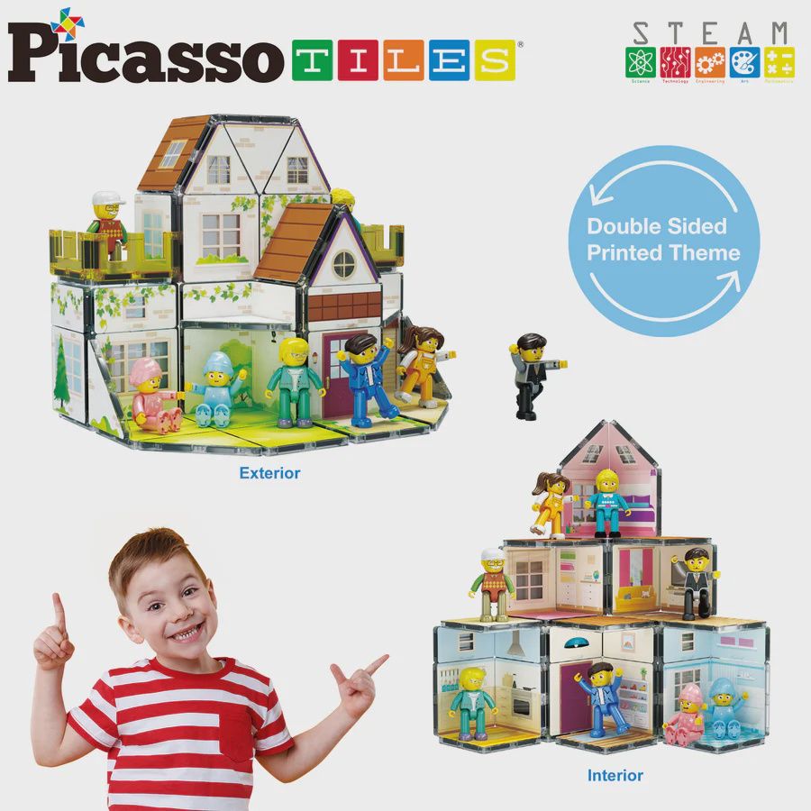 Family Homestead Doll House Double Sided Magnet Tiles Playset with 8 Character Action Figures