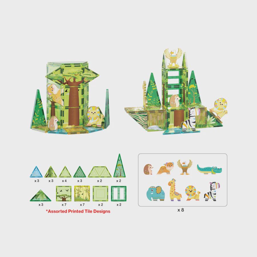 Safari Themed Magnetic Tile Building Blocks Playset with 8 Animal Character Action Figures