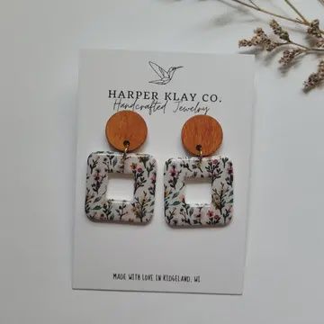The Square Floral Set- Polymer Clay Earrings White