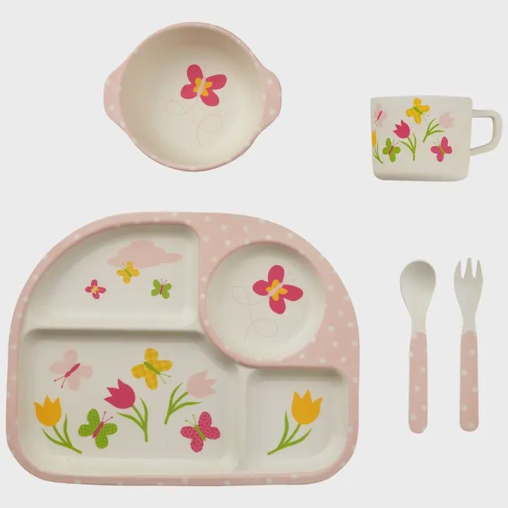 Five Piece Bamboo Dish Set For Kids - Butterflies